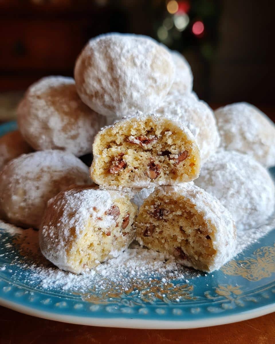 Flawless Buttery Pecan Snowball Cookies in 15 Minutes 8 A stack of Buttery Pecan Snowball Cookies, one broken in half, dusted with powdered sugar on a blue plate.
