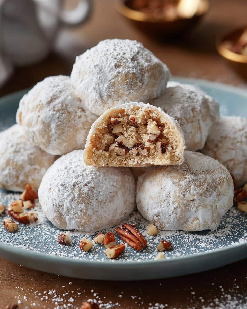 Flawless Buttery Pecan Snowball Cookies in 15 Minutes 9 A stack of Buttery Pecan Snowball Cookies dusted with powdered sugar, one cookie cut in half to show the pecan filling.