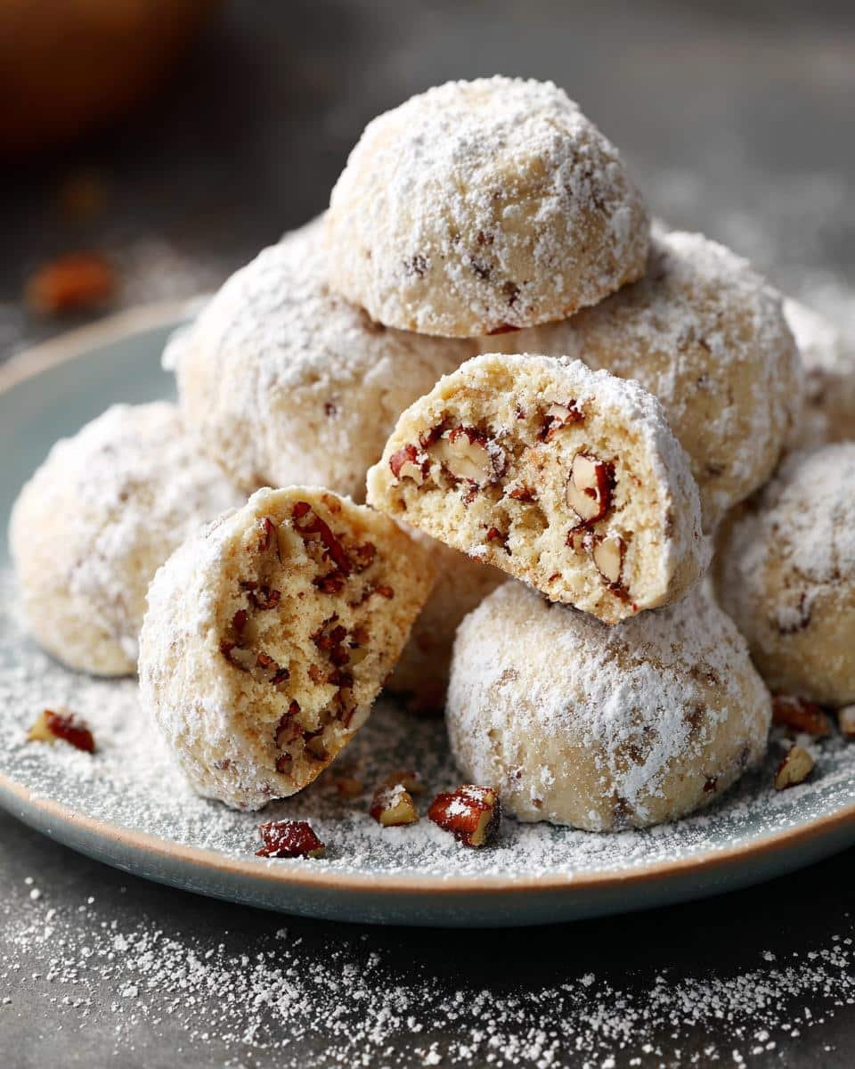 Flawless Buttery Pecan Snowball Cookies in 15 Minutes 7 A stack of Buttery Pecan Snowball Cookies dusted with powdered sugar, one cookie broken in half to show pecan pieces.
