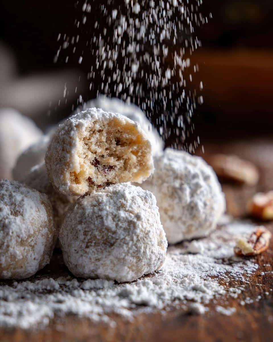 Failproof Buttery Pecan Snowballs: Only 6 Ingredients 7 Buttery Pecan Snowballs are dusted with powdered sugar, one with a bite taken out, showing the pecan filling.