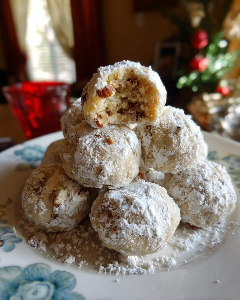 Failproof Buttery Pecan Snowballs: Only 6 Ingredients 6 A stack of Buttery Pecan Snowballs covered in powdered sugar on a floral plate, one broken to show the inside.