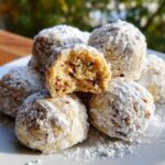 A stack of Buttery Pecan Snowballs on a white plate, one with a bite taken out to show the pecan filling.