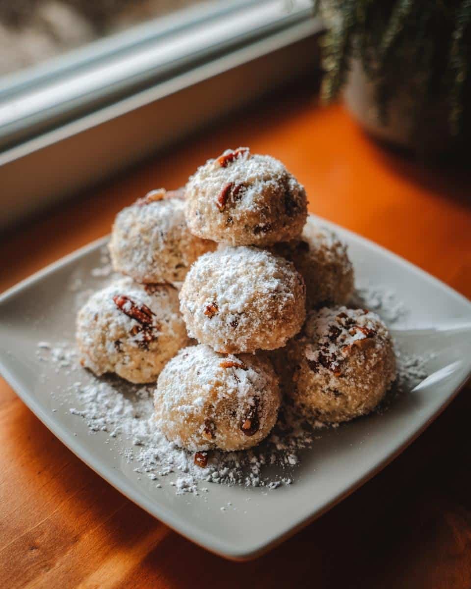 Failproof Buttery Pecan Snowballs: Only 6 Ingredients 8 A stack of Buttery Pecan Snowballs cookies dusted with powdered sugar on a gray plate.