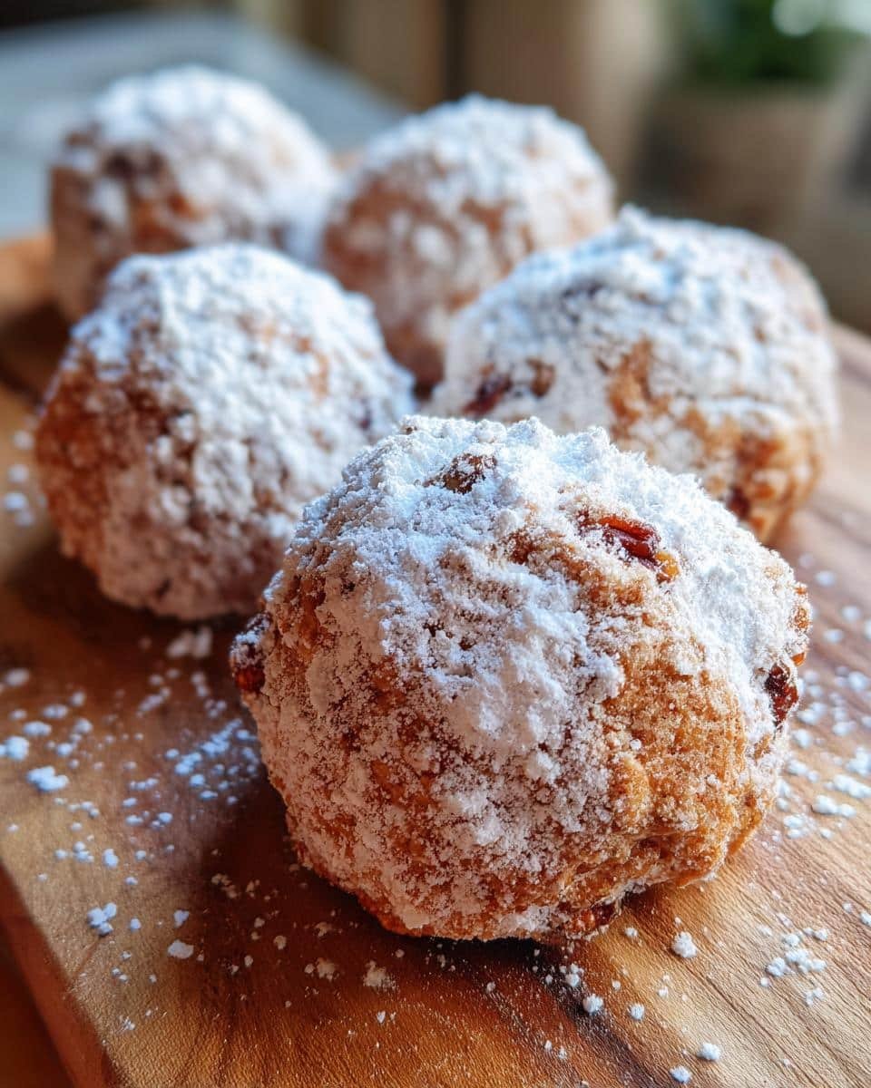 Failproof Buttery Pecan Snowballs: Only 6 Ingredients 9 Close-up of several Buttery Pecan Snowballs covered in powdered sugar on a wooden board.