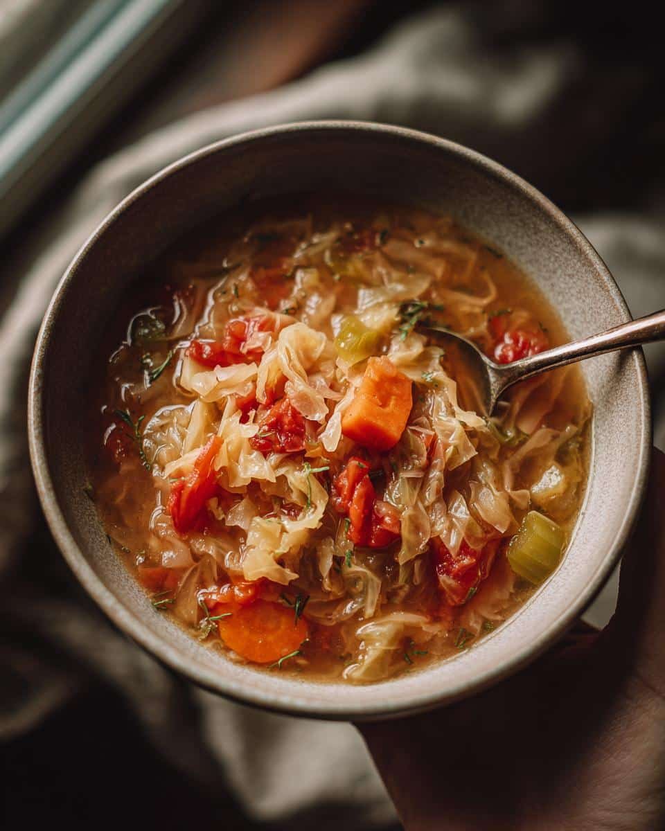 Disgustingly Easy 30-Minute Cabbage Soup Recipe 7 Overhead shot of a bowl of cabbage soup with visible cabbage, tomatoes, and carrots.