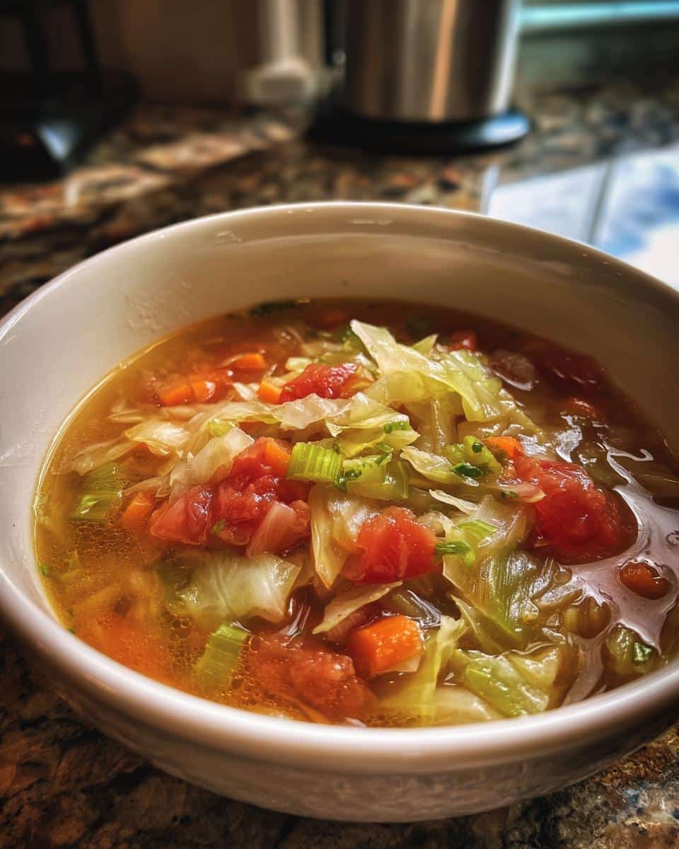 Disgustingly Easy 30-Minute Cabbage Soup Recipe 6 A bowl of homemade Cabbage Soup with cabbage, tomatoes, and carrots in a clear broth.