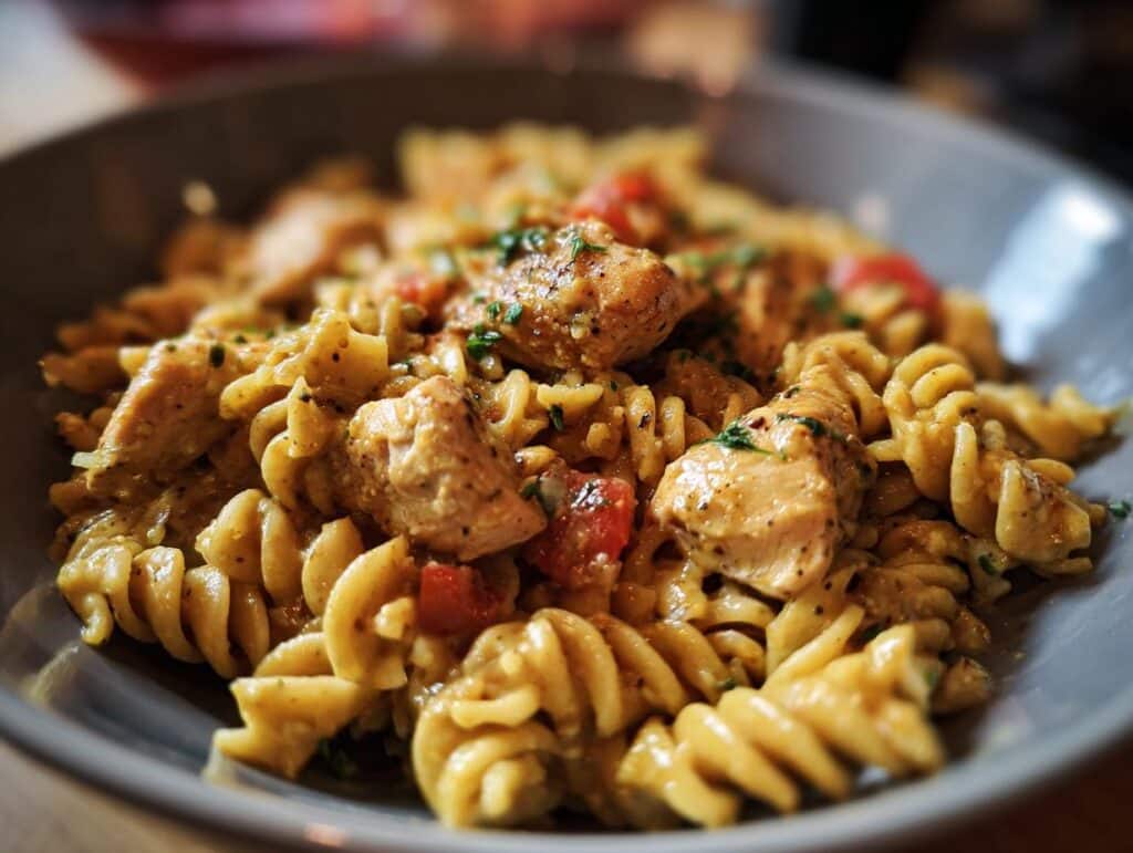 Close-up of Cajun Garlic Chicken Rotini in a bowl, featuring chicken, pasta, and tomatoes.
