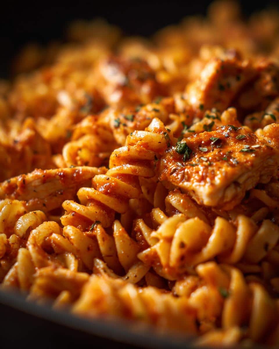 Cajun Garlic Chicken Rotini: 30-Minute Spicy Comfort 9 A close-up of Cajun Garlic Chicken Rotini, showing the pasta, chicken, and spicy sauce.