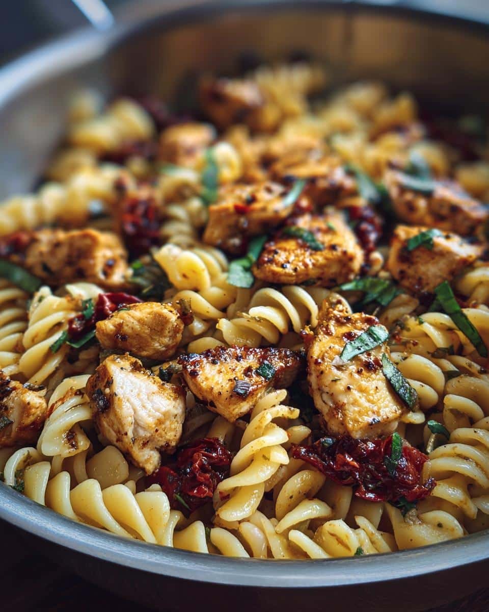Cajun Garlic Chicken Rotini: 30-Minute Spicy Comfort 8 Close-up of Cajun Garlic Chicken Rotini in a metal pan, featuring rotini pasta, chicken, sun-dried tomatoes, and basil.