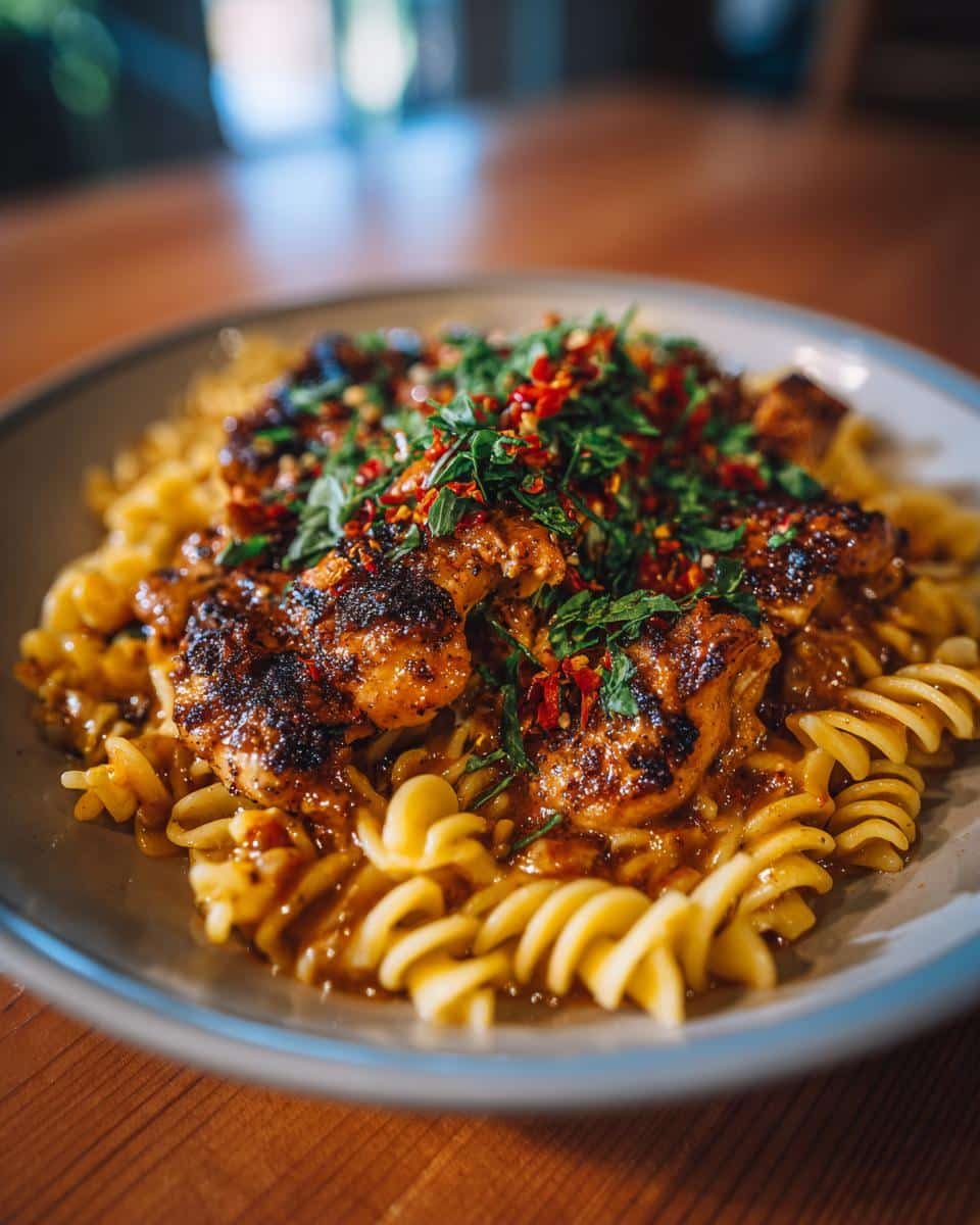 Cajun Garlic Chicken Rotini: 30-Minute Spicy Comfort 6 A plate of Cajun Garlic Chicken Rotini, topped with fresh herbs and red pepper flakes.