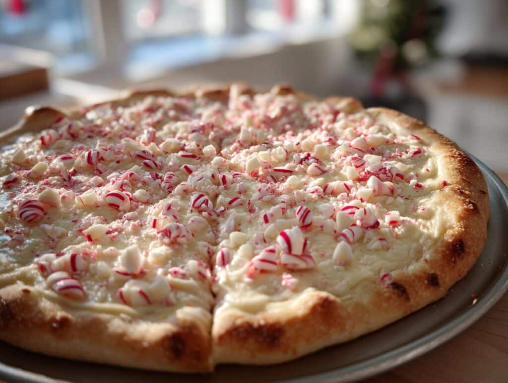 A freshly baked Candy Cane Pizza with a creamy white base and crushed candy cane topping.