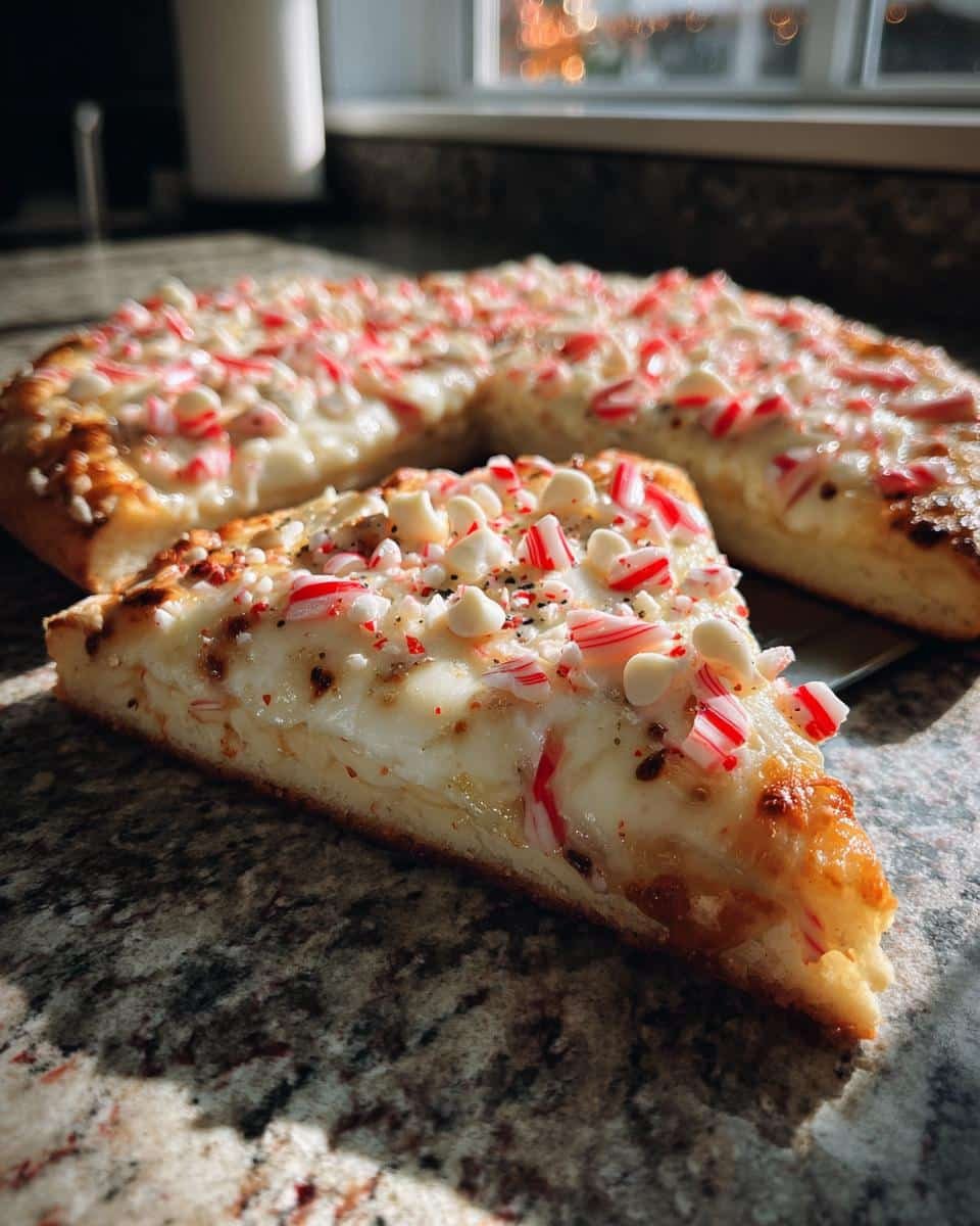 Devilish Candy Cane Pizza in 15 Minutes 7 A slice of Candy Cane Pizza topped with white chocolate chips and crushed candy canes on a marble surface.