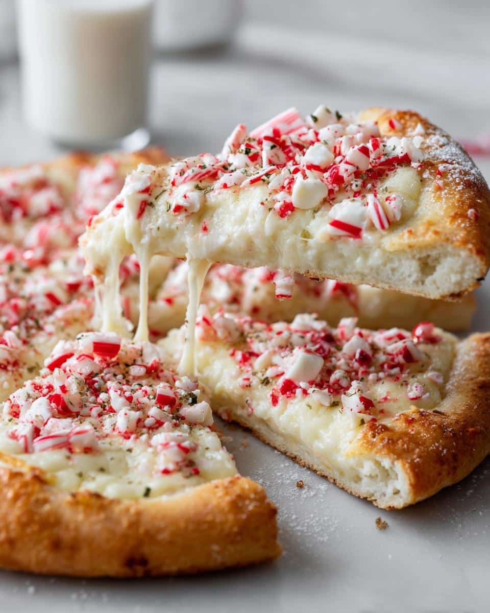 Devilish Candy Cane Pizza in 15 Minutes 6 A slice of Candy Cane Pizza being lifted, showing a cheese pull and candy cane topping.