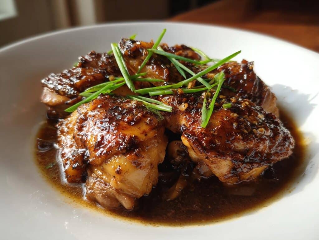 Close-up of Caramelised Soy Chicken in Garlic Ginger Broth, garnished with fresh chives.