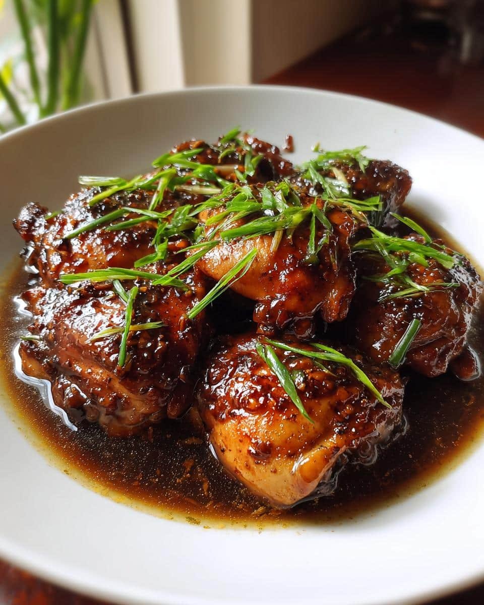 Fail-Proof Caramelised Soy Chicken Broth Recipe in 45 Min 9 Close-up of Caramelised Soy Chicken in Garlic Ginger Broth, garnished with green onions.