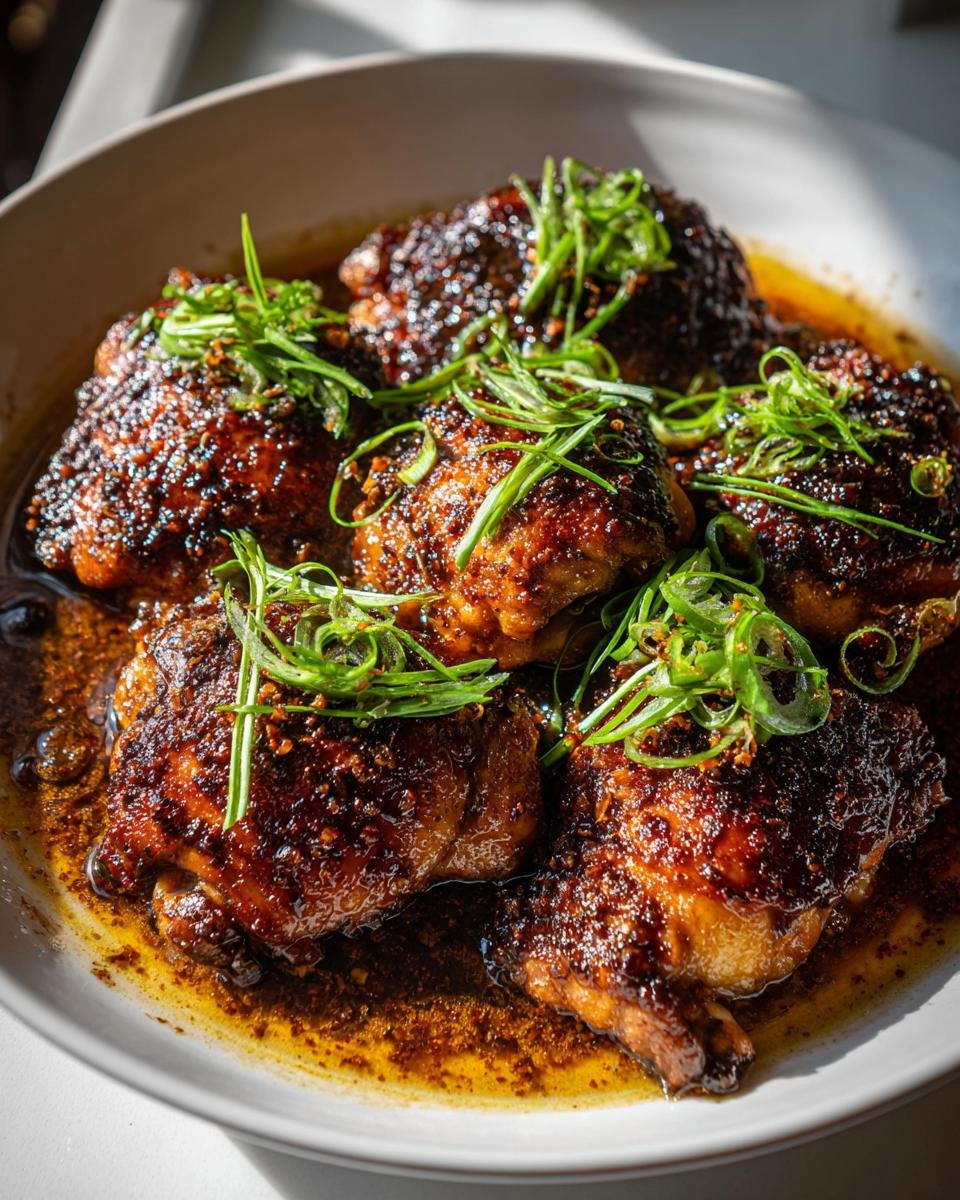 Fail-Proof Caramelised Soy Chicken Broth Recipe in 45 Min 8 Close-up of Caramelised Soy Chicken in Garlic Ginger Broth, garnished with fresh green onions.