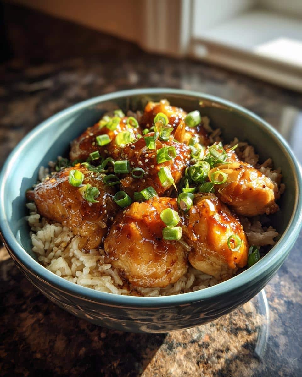 Fail-Proof Caramelised Soy Chicken Broth with Rice 6 Bowl of Caramelised Soy Chicken in Garlic Ginger Broth with Rice, garnished with scallions.