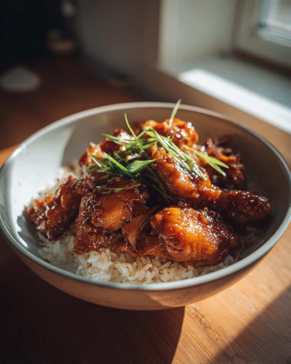 Fail-Proof Caramelised Soy Chicken Broth with Rice 7 Bowl of Caramelised Soy Chicken in Garlic Ginger Broth with Rice, garnished with green onions.