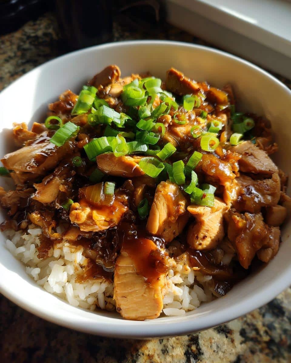 Fail-Proof Caramelised Soy Chicken Broth with Rice 8 Bowl of Caramelised Soy Chicken in Garlic Ginger Broth with Rice, topped with green onions.