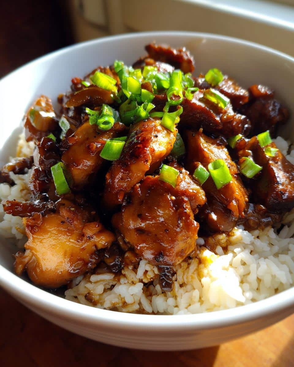Fail-Proof Caramelised Soy Chicken Broth with Rice 9 Bowl of Caramelised Soy Chicken in Garlic Ginger Broth with Rice, topped with green onions.