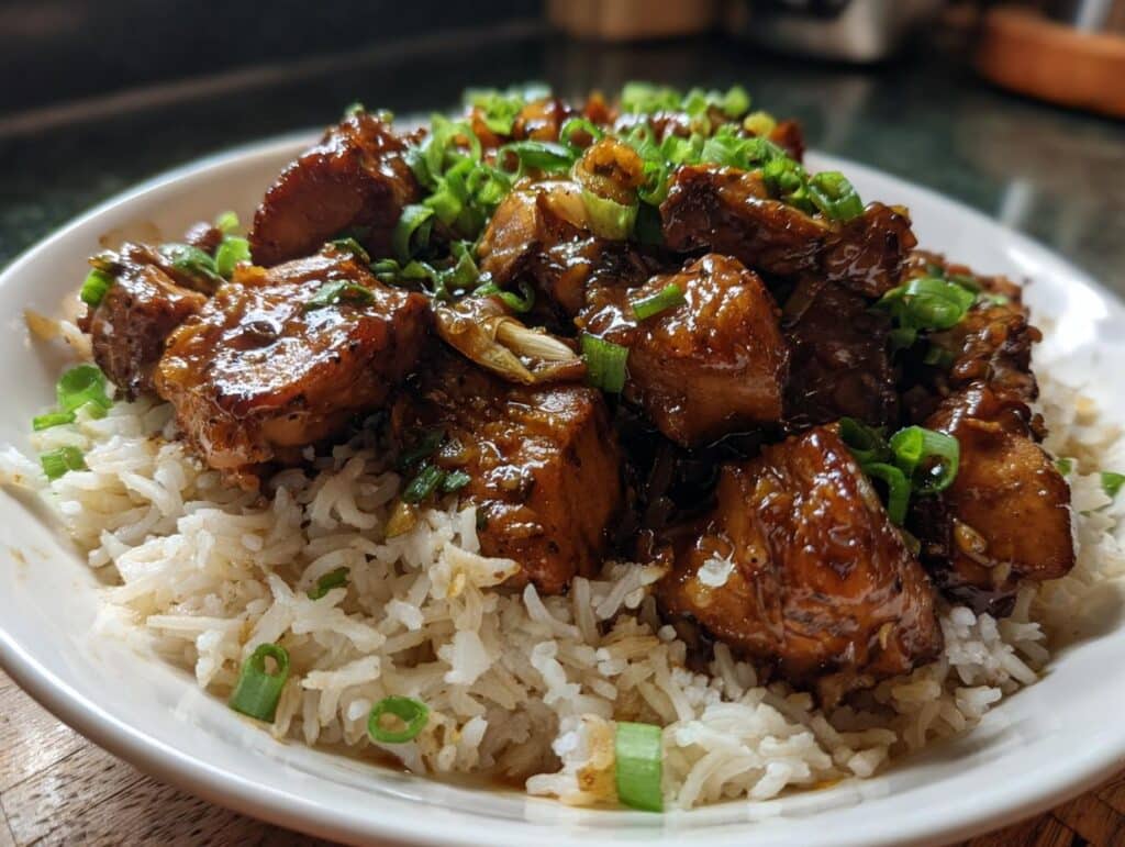 A bowl of Caramelised Soy Chicken in Garlic Ginger Broth with Rice, garnished with green onions.