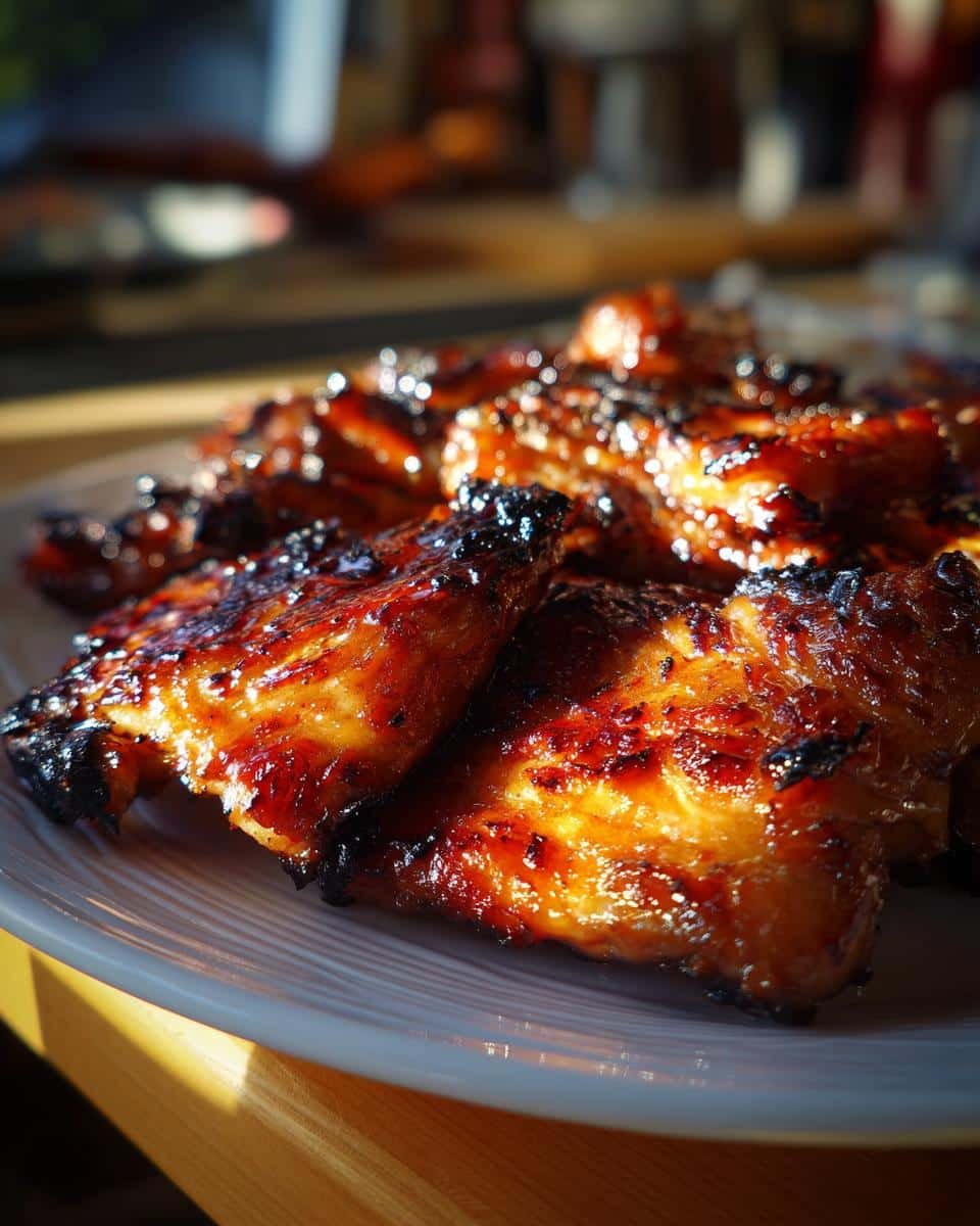 Fail-Proof Char Siu Chicken Recipe in Under 1 Hour 9 Close-up of glazed Char Siu Chicken pieces on a white plate, showcasing its caramelized texture.