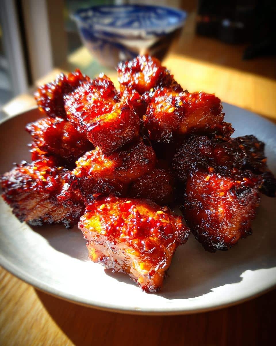 Fail-Proof Char Siu Chicken Recipe in Under 1 Hour 6 A pile of glistening Char Siu Chicken pieces on a plate, showcasing the rich, red glaze and appetizing texture.
