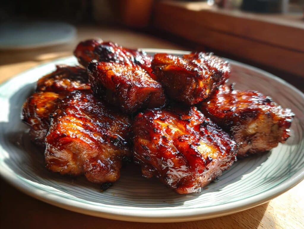 Close-up of glazed Char Siu Chicken pieces on a plate, showcasing the rich, caramelized color and texture.