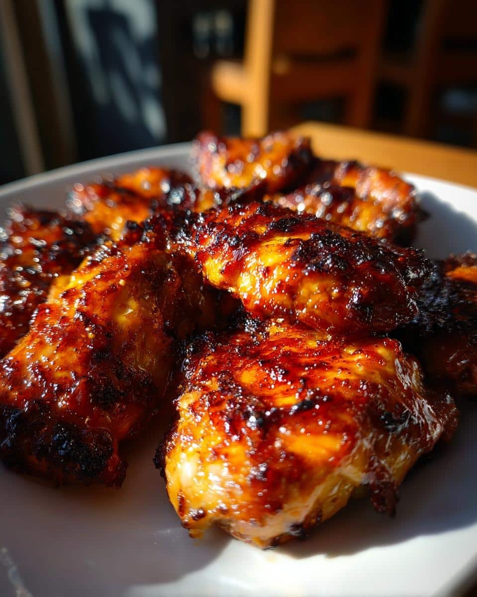 Fail-Proof Char Siu Chicken Recipe in Under 1 Hour 8 Close-up of glistening Char Siu Chicken pieces on a white plate, showcasing its caramelized glaze and juicy texture.