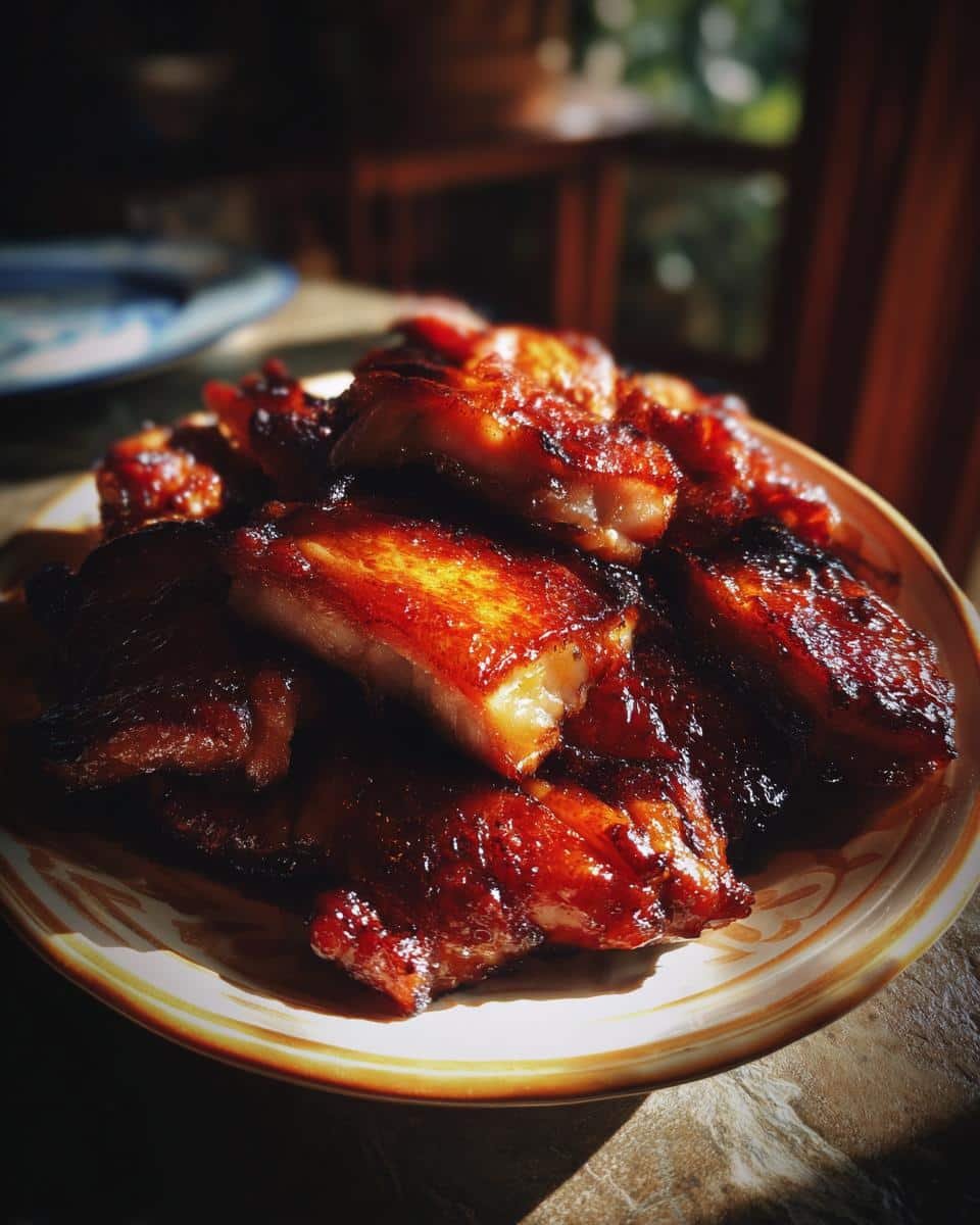 Fail-Proof Char Siu Chicken Recipe in Under 1 Hour 7 Close up of a plate piled high with glistening, freshly made Char Siu Chicken.