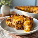 A slice of Cheesy Ground Beef Hash Brown Casserole on a plate, showing layers of hash browns, ground beef, and melted cheese.