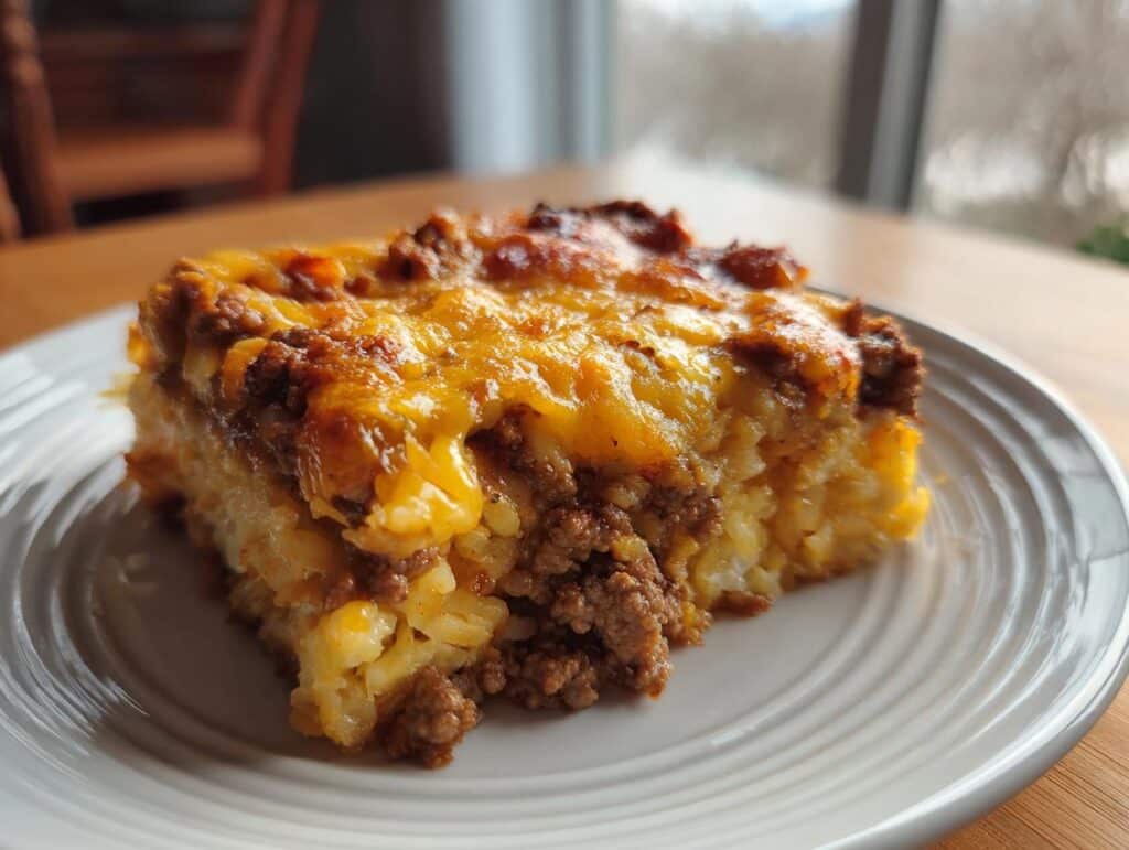 A slice of Cheesy Ground Beef Hash Brown Casserole on a white plate, showcasing the layers of hash browns, beef, and cheese.