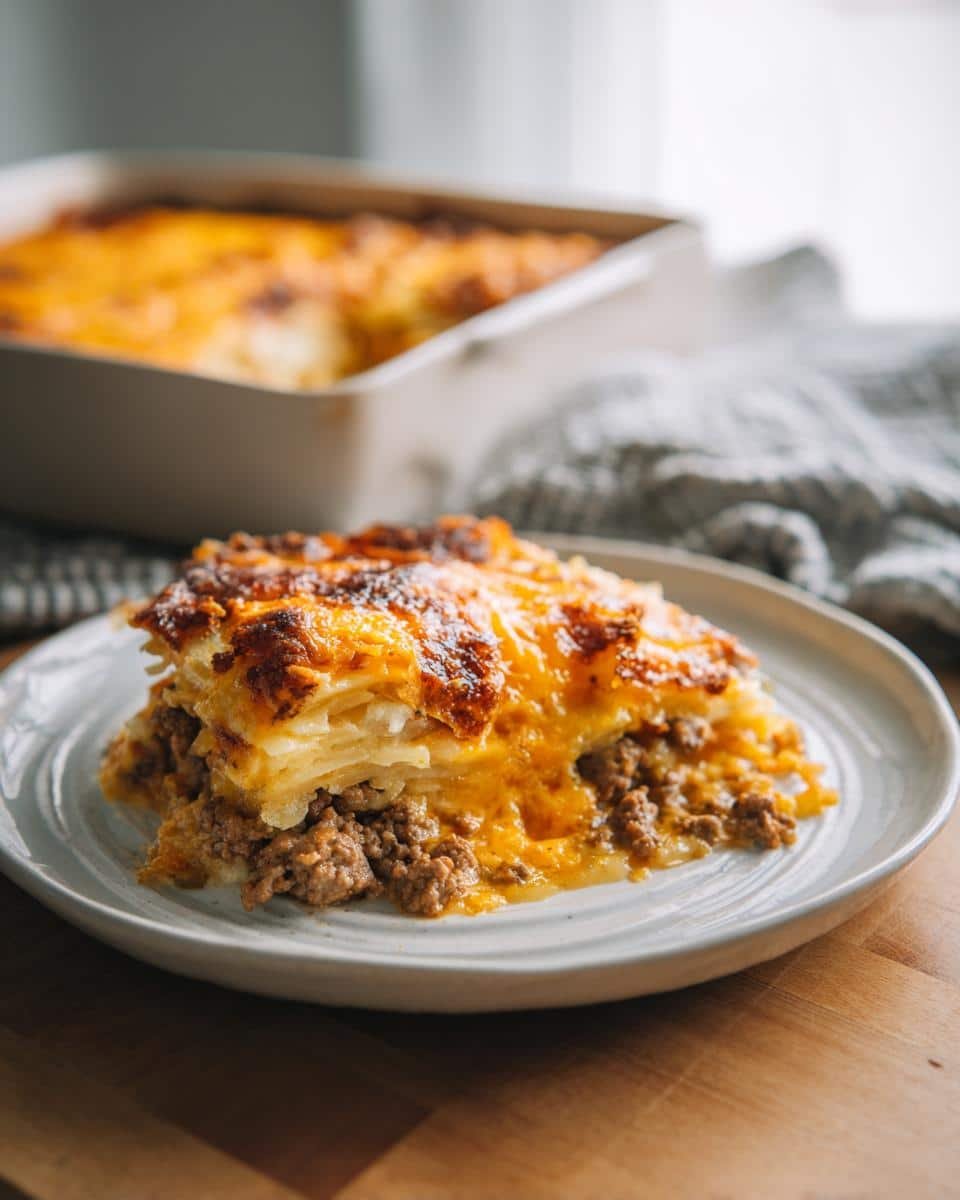 Easy Cheesy Ground Beef Hash Brown Casserole Recipe 6 A slice of Cheesy Ground Beef Hash Brown Casserole Recipe on a plate, with the casserole dish in the background.