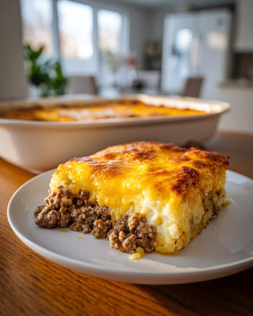 Easy Cheesy Ground Beef Hash Brown Casserole Recipe 7 A slice of Cheesy Ground Beef Hash Brown Casserole on a white plate, showcasing the layers of beef, potatoes, and cheese.