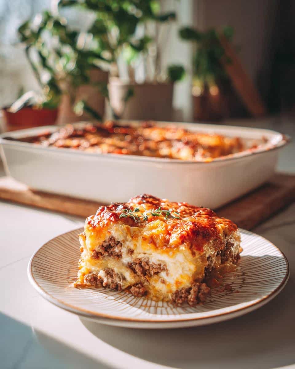 Easy Cheesy Ground Beef Hash Brown Casserole Recipe 8 A slice of cheesy ground beef hash brown casserole on a plate, garnished with herbs.