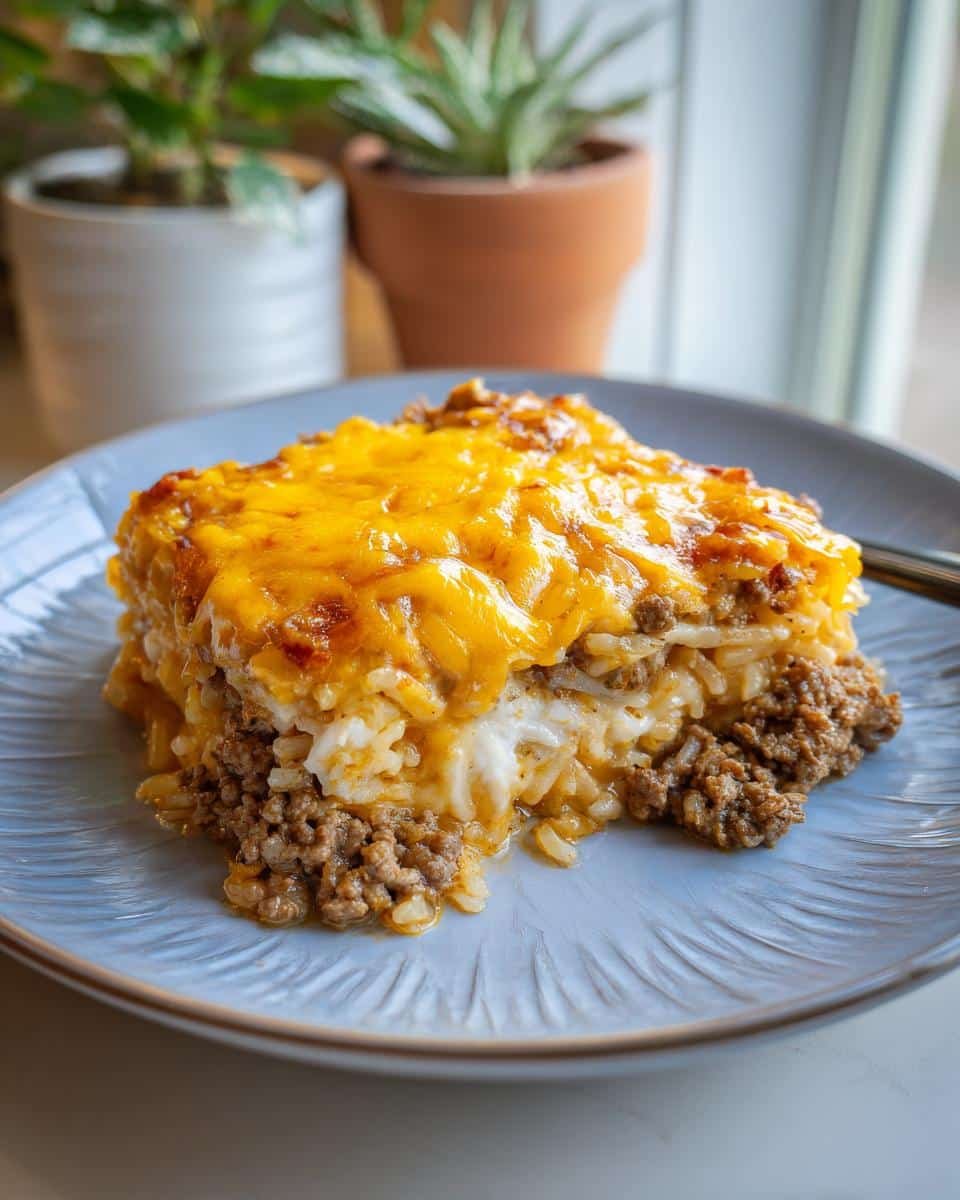 Easy Cheesy Ground Beef Hash Brown Casserole Recipe 9 A slice of Cheesy Ground Beef Hash Brown Casserole on a plate, showing layers of ground beef, hash browns, and melted cheese.
