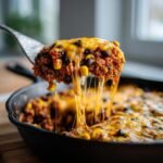 Spoon lifting a portion of Cheesy Quinoa Black Bean Taco Skillet with melted cheese.