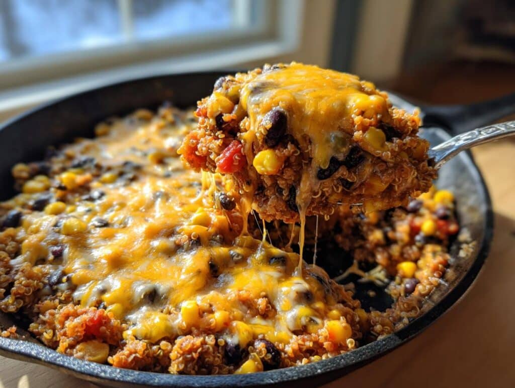 A spoonful of Cheesy Quinoa Black Bean Taco Skillet with melted cheese being lifted from the skillet.