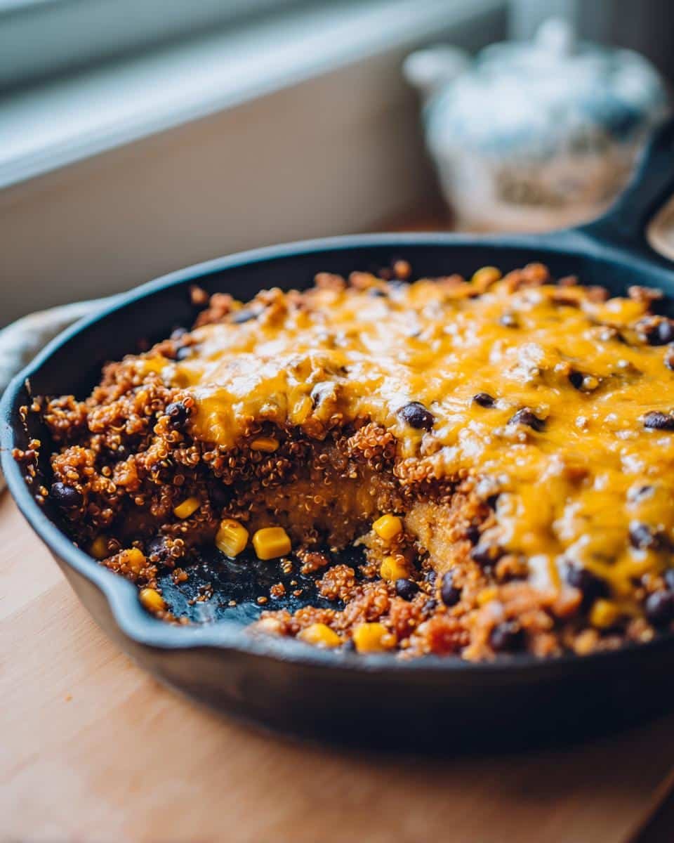Disgustingly Easy Cheesy Quinoa Black Bean Taco Skillet 6 A partially eaten Cheesy Quinoa Black Bean Taco Skillet in a cast iron pan, showing quinoa, black beans, corn, and melted cheese.