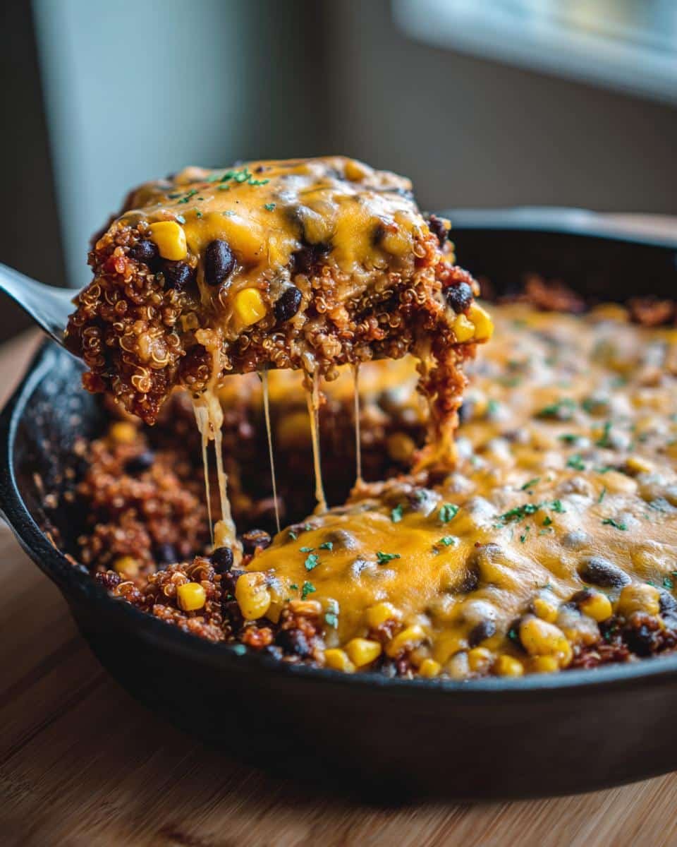 Disgustingly Easy Cheesy Quinoa Black Bean Taco Skillet 8 A spoonful of cheesy quinoa black bean taco skillet being lifted, showing the cheese pull.