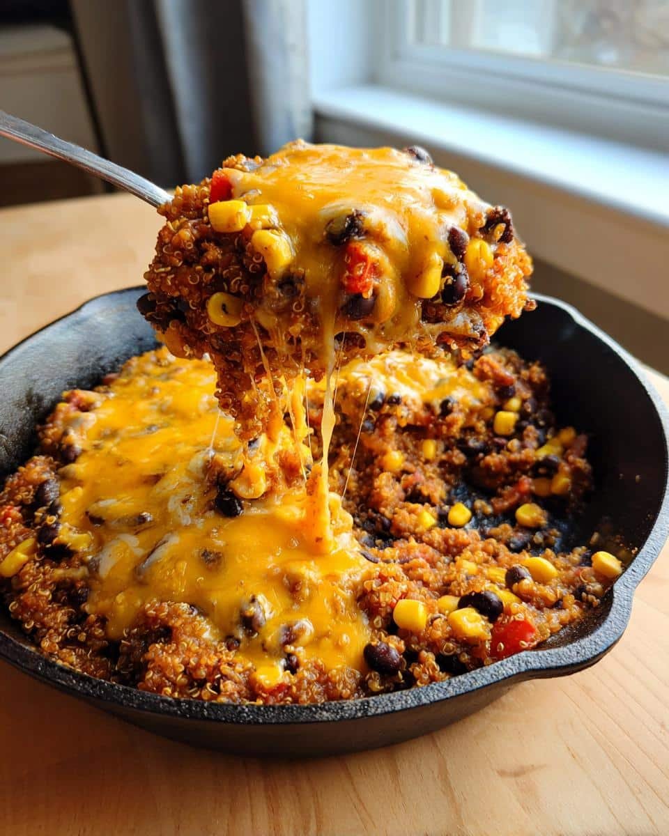 Disgustingly Easy Cheesy Quinoa Black Bean Taco Skillet 9 Spoonful of Cheesy Quinoa Black Bean Taco Skillet with melted cheese, corn, and black beans.