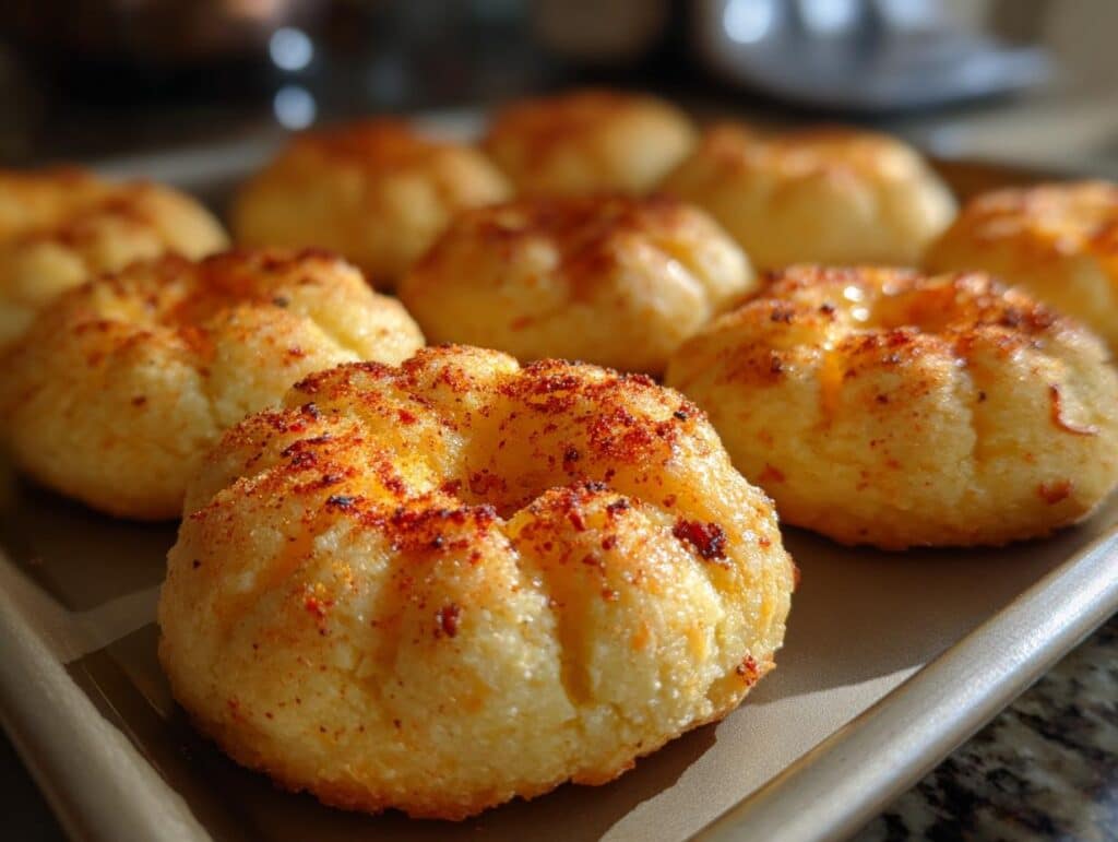 Close-up of Cheesy Thumbprint Appetizers on a baking sheet, sprinkled with spices.