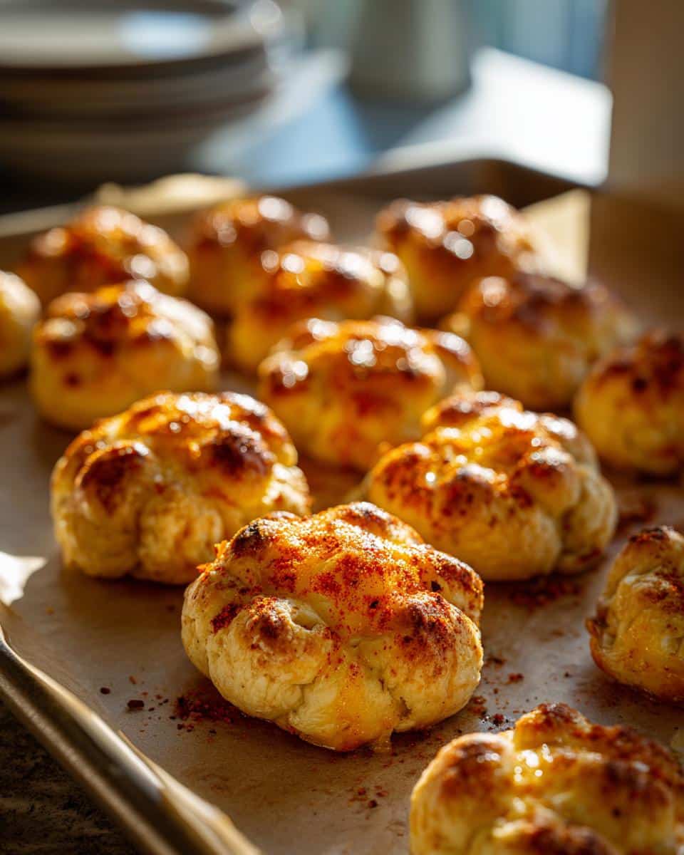 Close-up of freshly baked Cheesy Thumbprint Appetizers on a baking sheet, ready to serve.