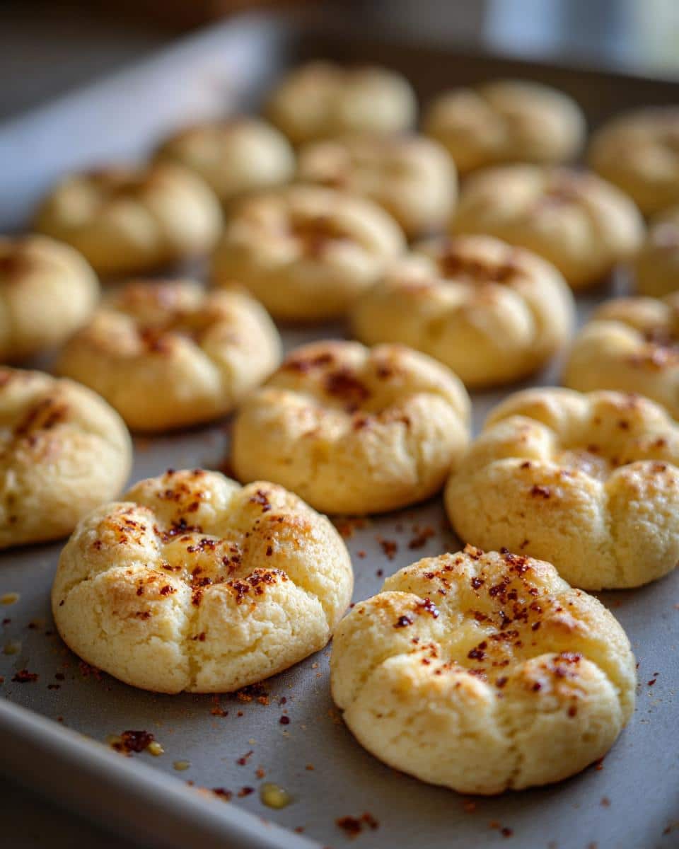 Close-up of freshly baked Cheesy Thumbprint Appetizers on a baking sheet, ready to serve.