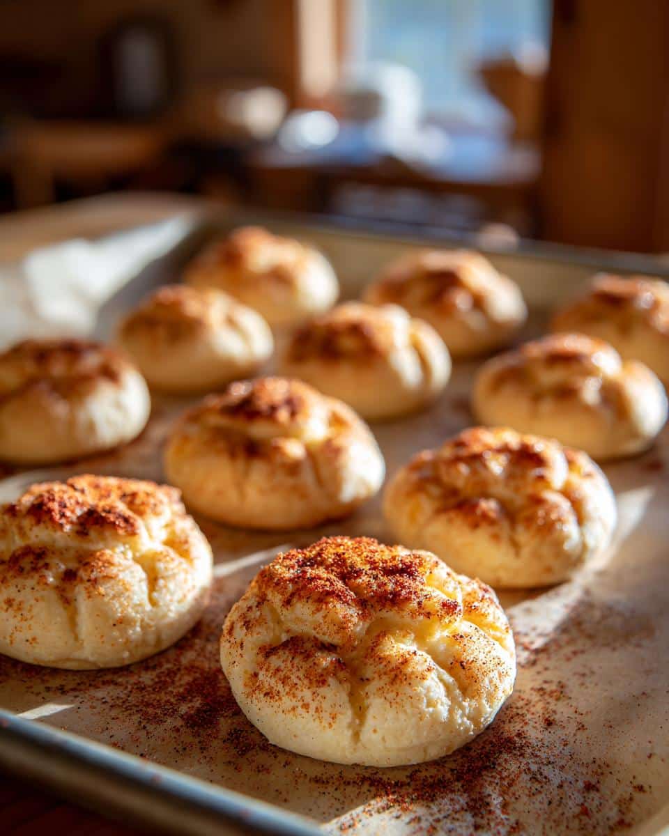 Close-up of freshly baked Cheesy Thumbprint Appetizers on a parchment-lined baking sheet.
