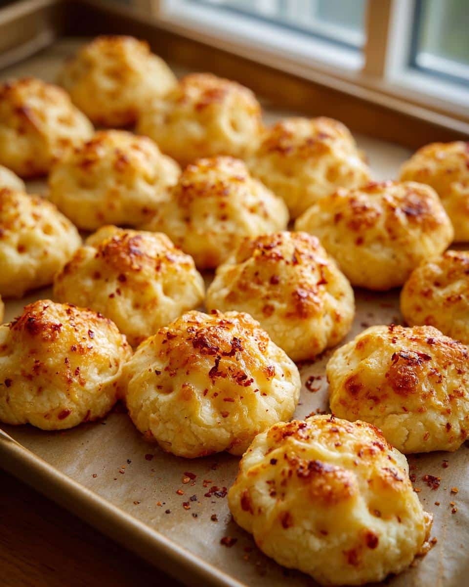A baking sheet filled with golden brown Cheesy Thumbprint Appetizers, fresh from the oven and ready to serve.
