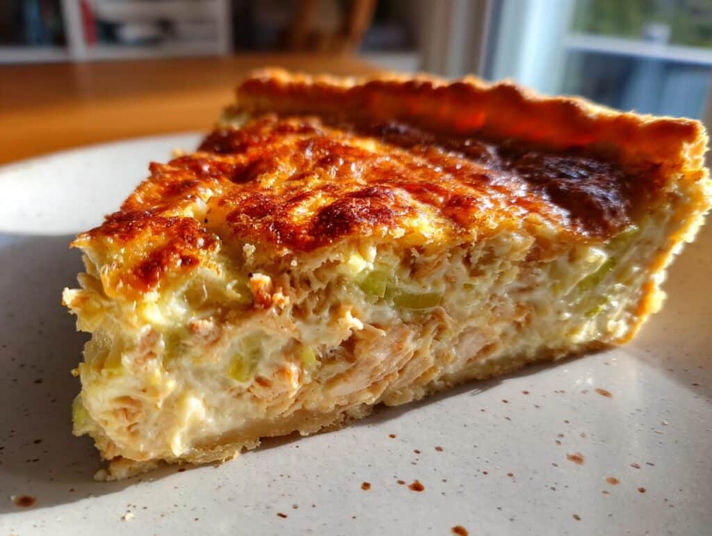 A delicious slice of Chicken and Leek Pie with a golden crust, showcasing the creamy filling.