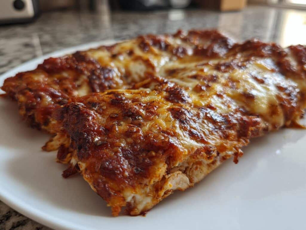 Close-up of cheesy Chicken Enchiladas Recipe on a white plate, ready to eat.