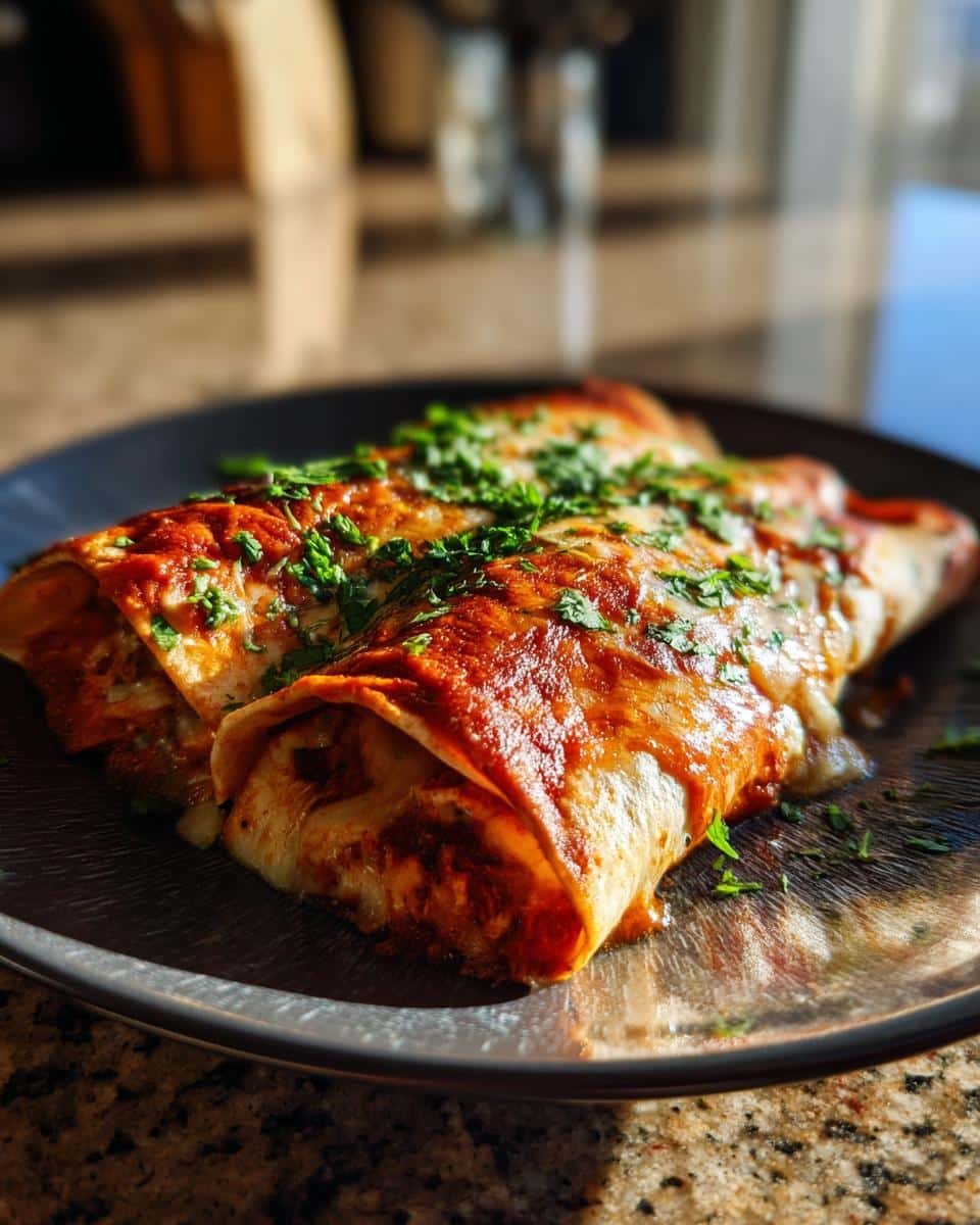 Fail-Proof Chicken Enchiladas Recipe in Under 1 Hour 7 Three Chicken Enchiladas Recipe covered in red sauce and cheese, garnished with cilantro on a dark plate.