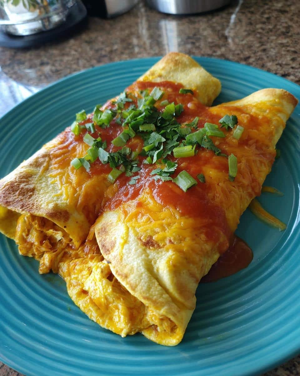 Fail-Proof Chicken Enchiladas Recipe in Under 1 Hour 8 Two Chicken Enchiladas on a blue plate, topped with red sauce, melted cheese, and chopped green onions.